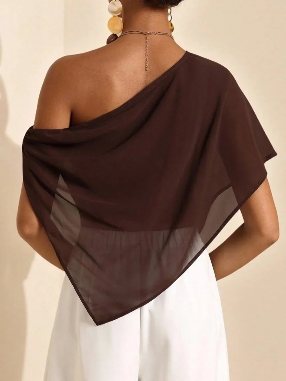 Coffee Brown Casual Women's Asymmetric Asymmetrical Shoulder Blouse